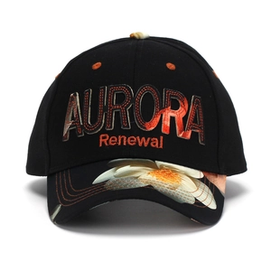 Detail of Aurora Renewal embroidery and floral print brim on black cotton baseball cap