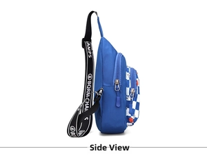 Side view of blue kids' chest bag showing layered zippers and checkerboard pocket