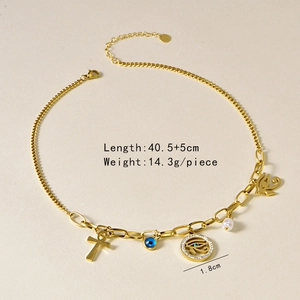 Gold-tone hip hop necklace with Ankh cross, Evil Eye charms and white pearl pendant