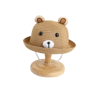 Cute bear-shaped straw sun hat for toddlers with ears and elastic chin strap