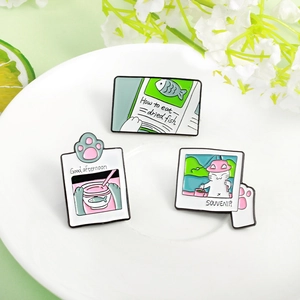 Cute Cartoon Cat Enamel Pins Alloy Fish Book Polaroid Design Brooches For Backpack Hats Decor
