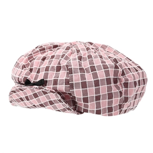 Sweet pink plaid newsboy beret hat for women with cute black silk ribbon bow detail