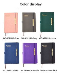 Grid display of 2024-2025 A5 PU leather planners in pink, blue, green, and neutral tones