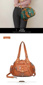 Detail view of large capacity vintage leather shoulder bag with multi-zipper pockets