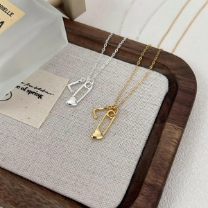 925 Sterling Silver Necklace Heart Safety Pin Letter L Pendant Minimalist Jewelry For Women 18K Gold Plated