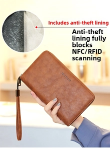 Detail view of RFID blocking lining inside the brown leather long wallet for security