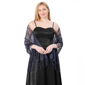Macro detail of navy blue hollow floral lace shawl with elegant fringe tassels