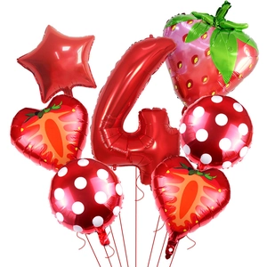 Strawberry foil balloon kit for 4th birthday party decoration with red stars and hearts