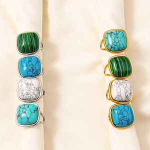 Set of 8 vintage 304 stainless steel rings with colorful marble texture stone inlays