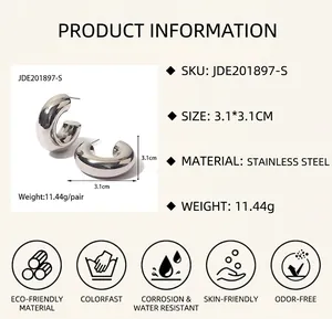Polished silver stainless steel C-shape hollow chunky hoop earrings size 3.1cm 11.44g