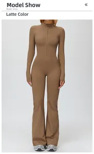 Detail of latte brown fleece-lined yoga jumpsuit with stand collar and zipper