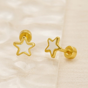 Close-up of golden star stud earring with white enamel and screw flat back detail