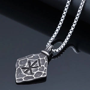 Viking rune necklace for men with distressed shield pendant on stainless steel box chain