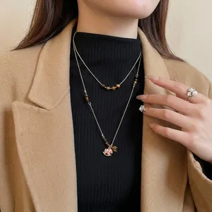 Collier Double Couche Acier Inoxydable Œil De Tigre Émail Rose Pendentif Cheval À Bascule Bijoux Vintage Pour Femmes