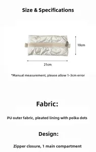 Silver heart quilted PU pencil case detail showing 21x10cm size dimensions and texture