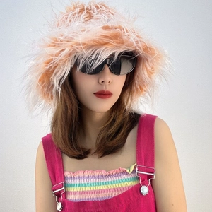 Fashionable peach faux sheep wool bucket hat with fluffy texture for winter warmth