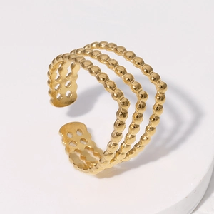 Three-layer gold beaded chain open ring in minimalist stainless steel for women