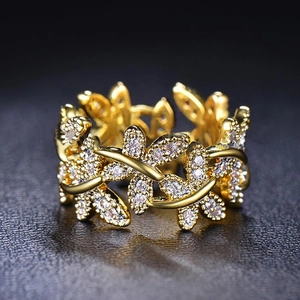 Elegant Flower Leaf Vine Ring Copper With Cubic Zirconia Butterfly Adjustable Band Fashion Jewelry For Women