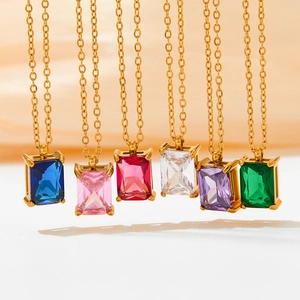 Golden stainless steel necklace with sugar cube colored zircon pendants in six various colors