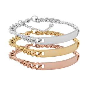 Polished stainless steel cuban link ID bracelets in silver gold and rose gold colors