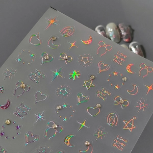 Holographic 5D relief nail art stickers with 3D rhinestones and starry heart designs