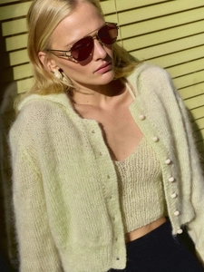 Pale lime mohair knit twinset with long sleeve cardigan and matching camisole top