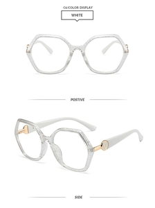 Detail view of hexagonal TR90 frame with silver glitter and gold V-logo hinges