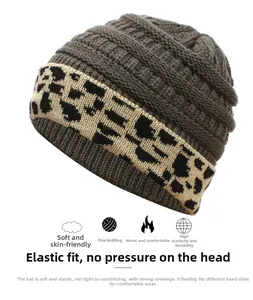 Detailed knit texture of leopard print winter beanie with warm and soft elastic fabric