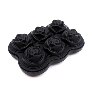 Black silicone ice cube tray featuring six large rose flower shaped molds for drinks