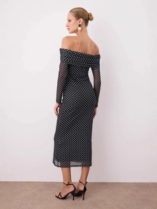 Elegant off-the-shoulder slim fit midi dress with white polka dots and long sleeves