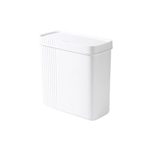 Slim white plastic trash can with lid and ribbed design for kitchen or bathroom