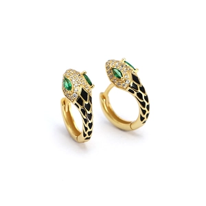 Golden snake-shaped s925 silver hoop earrings with black enamel and green zircon eyes