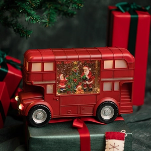 Vintage Red London Bus Christmas Snow Globe Lantern LED Light Up Musical Desktop Decoration Santa Claus Tree Plastic PVC