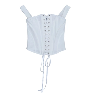 Detail of white lace-up corset top with wide straps and boning structure for shaping