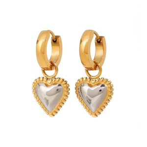 Stainless Steel Heart Pendant Hoop Earrings 18K Gold Plated Bicolor Textured Border Waterproof Jewelry For Women
