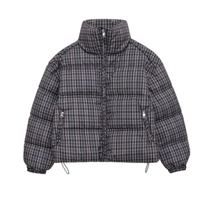 Women Plaid Puffer Jacket Stand Collar Zipper Padded Coat With Drawstring Hem Vintage Casual Outerwear