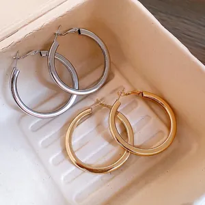 Minimalist Large Round Hoop Earrings For Women Fashion Metal Jewelry With Silver Earring Post High Polish High Gloss