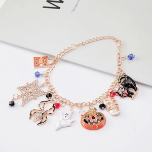 Rose gold Halloween charm bracelet with colorful pumpkin skull ghost and spider pendants