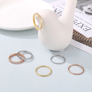 Minimalist Thin Band Half Eternity Ring For Women Stainless Steel Zircon Inlaid Stackable French Vintage Elegant Jewelry