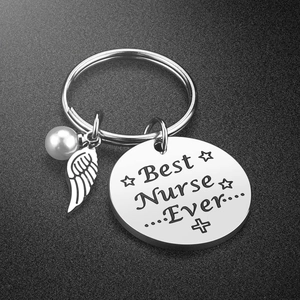 Metal keychain for nurses with Best Nurse Ever engraving and pearl wing charms