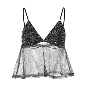 Detailansicht des schwarzen Pailletten-Tops mit transparentem Netzsaum und Trägern