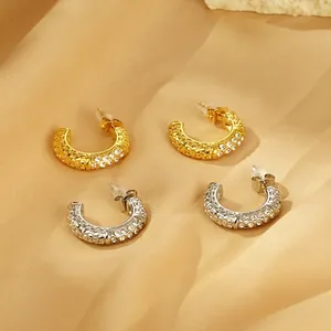 Retro Französische C-Form Creolen Edelstahl 18K Vergoldet Geometrische Strass Pavé Strukturierter Schmuck Für Damen
