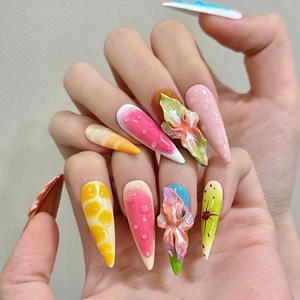 3D handmade floral stiletto press-on nails with colorful tropical patterns and water drops
