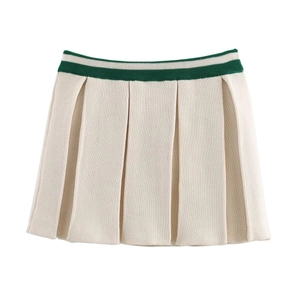 Off-white pleated knit mini skirt with green waist stripes on a white background