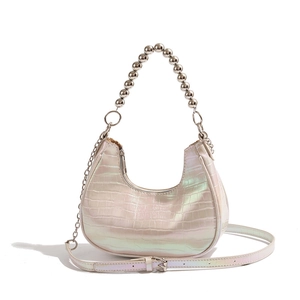 Chic holographic white crescent moon bag with crocodile pattern and silver bead chain