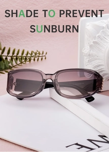 Close-up of transparent gray sunglasses showing gradient lenses and frame specifications