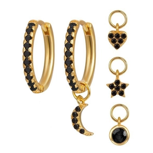 Gold-plated S925 silver needle hoop earrings set with black zircon moon and star charms