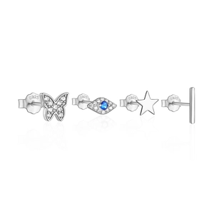 Detail of S925 sterling silver earring set with butterfly, star, and evil eye studs