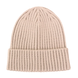 Detailed close-up of the beige ribbed knit texture and folded cuff on this baby winter hat