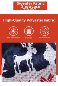 Close-up of navy and white polyester knit fabric with reindeer jacquard pattern